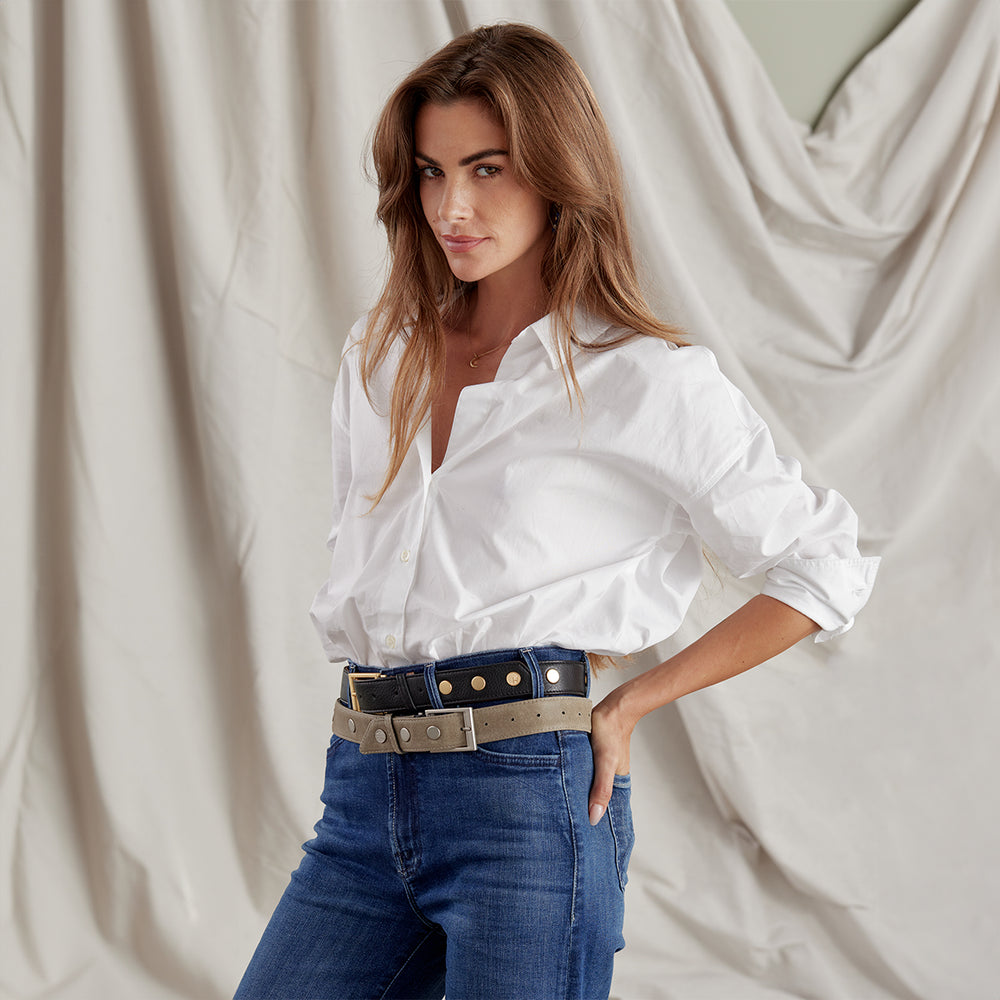 Hammitt | Women's Charlie Reversible Belt Sml - Black / Pew / Brushed Silver