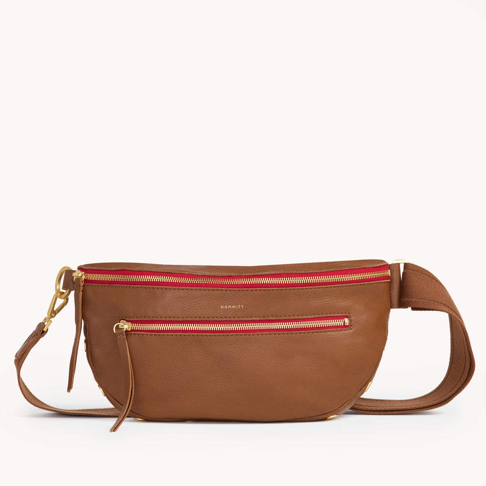 Hammitt | Women's Charles Crossbody Lrg - Mahogany Pebble / Brushed Gold Red Zip